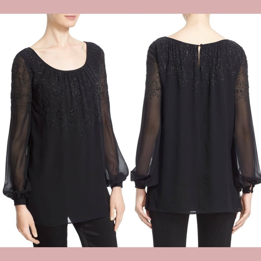 NWT $1095 St. John Collection Silk Georgette‎ Scoop Neck Blouse Black [SZ 6 ]